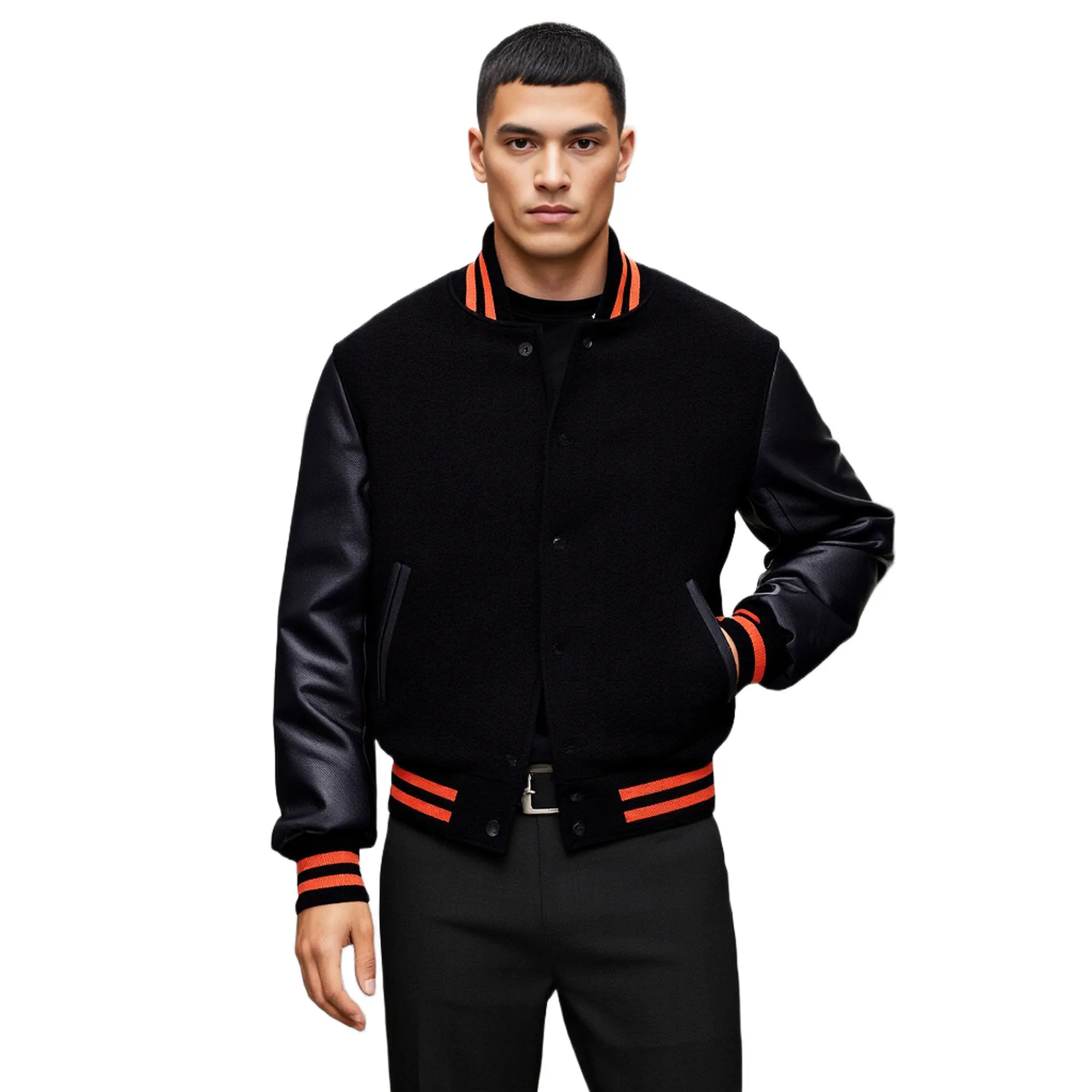 Men’s Varsity Jacket Genuine Leather Sleeve and Wool Body All Black(Orange Line)