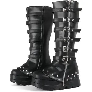 FIFSY Women's Chunky Heel Goth Rubber Platform Knee-High Boots, Punk Strappy Buckle Zip-Up Combat Footwear, Stylish Shoes for Party Spring Glow Up,summervibes outdoorfun High Heels Wedges, Wedge