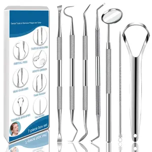 7count Dental Tools, Dental Pick Teeth Cleaning Tools Hygiene Kit, Professional Stainless Steel Tooth Scraper Plaque Tartar Cleaner - with Case, Personal Using, Pets - Teeth Cleaning Kit