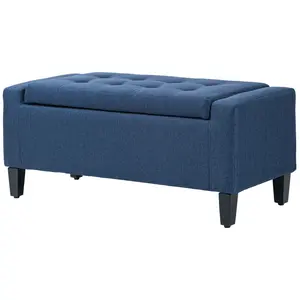 Dark Blue Button-Tufted Upholstered Storage Ottoman Bench - Lift-Top Hidden Storage Indoor Living Room Furniture, Footstool & Stool