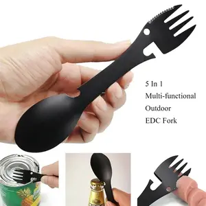 Outdoor multi-functional 5-in-1 EDC camping survival tools, Stainless steel cutlery, stainless steel forks, knives, spoons, portable kitchen tableware for outdoor camping, outdoor cooking, wilderness survival equipment
