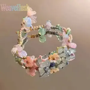 Handmade Bohemian Floral Rope Bracelet with Crystals, Natural Stone Beads - Funky Unique Jewelry, Soft Vibrant Colors, Lightweight, Adjustable for Everyday Style, Lovely Creative Birthday Gift