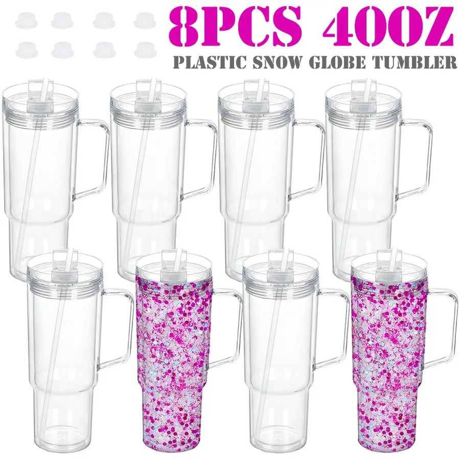 8-Pack 40oz Reusable Double-Wall Acrylic Snowglobe Tumblers, Pre-Drilled with Handle, BPA-Free, Glitter-Ready, with Silicone Stopper for DIY Crafting Gifts, Kitchenware Drinkware