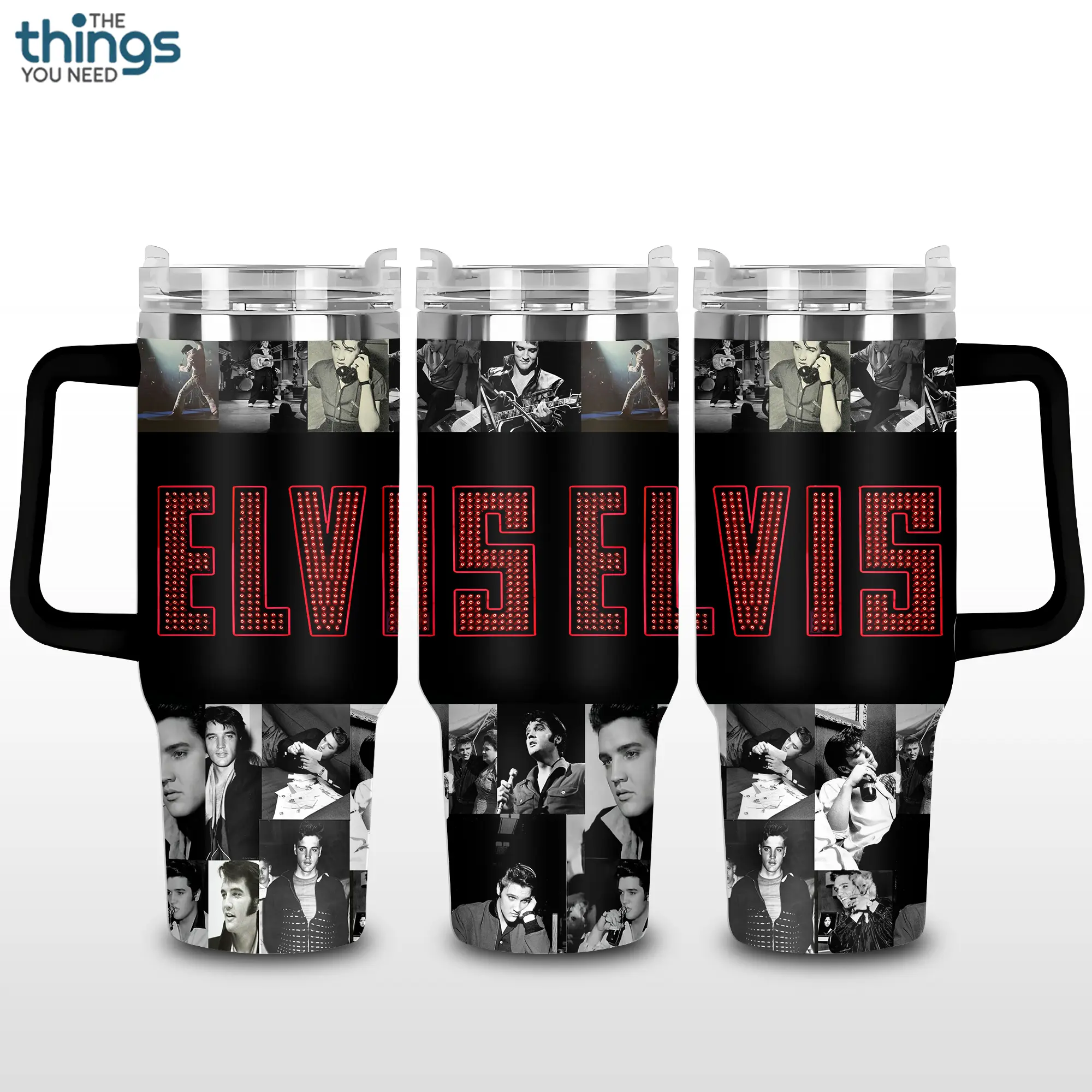 Elvis Presley Tribute Tumbler 40oz & 20oz, Insulated Stainless Steel Travel Mug with Handle & Lid, Double Wall Vacuum Cup, King of Rock and Roll Collage Aesthetic Gift for Elvis Fans, Water Bottle, Daily Use