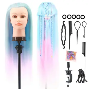 28 Inch Multicolored Synthetic Hair Mannequin Head with Free Clamp and Bonus Braiding Set, Heatless Styling Tools for Women & Girls, Mannequin Head Stand