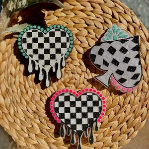 Pink and Teal Checkered Car Freshie - Heart-Shaped Decor with Black White Drip Design