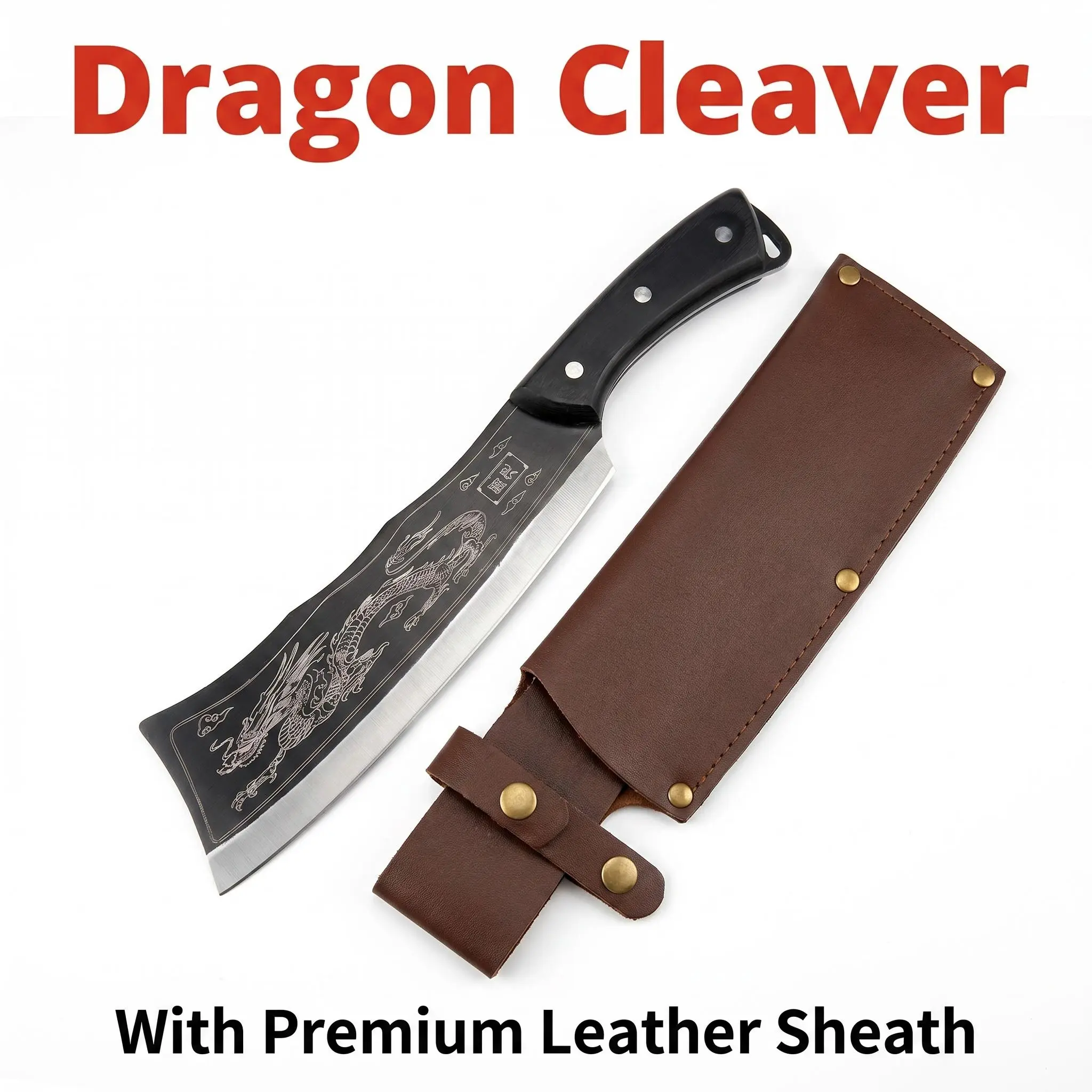 Dragon Forged Kitchen Butcher Knife - Heavy-Duty Steel Meat Cleaver with Leather Case, Kitchenware for Outdoor BBQ, Culinary Gifting, Premium Meat Processing, Knives