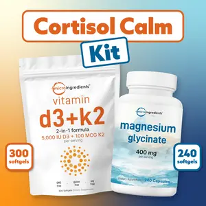Micro Ingredients Cortisol Calm Kit: Vitamin D3K2 5,000IU 300 softgels & Magnesium Glycinate 400mg 240 capsules