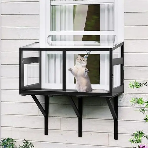 Cat Window Box with Clear Panels, Universal Indoor/Outdoor Catio for Windows 24"-38", Weatherproof Wood Cat Window Perch for Sunbathing, Birdwatching & Napping Black