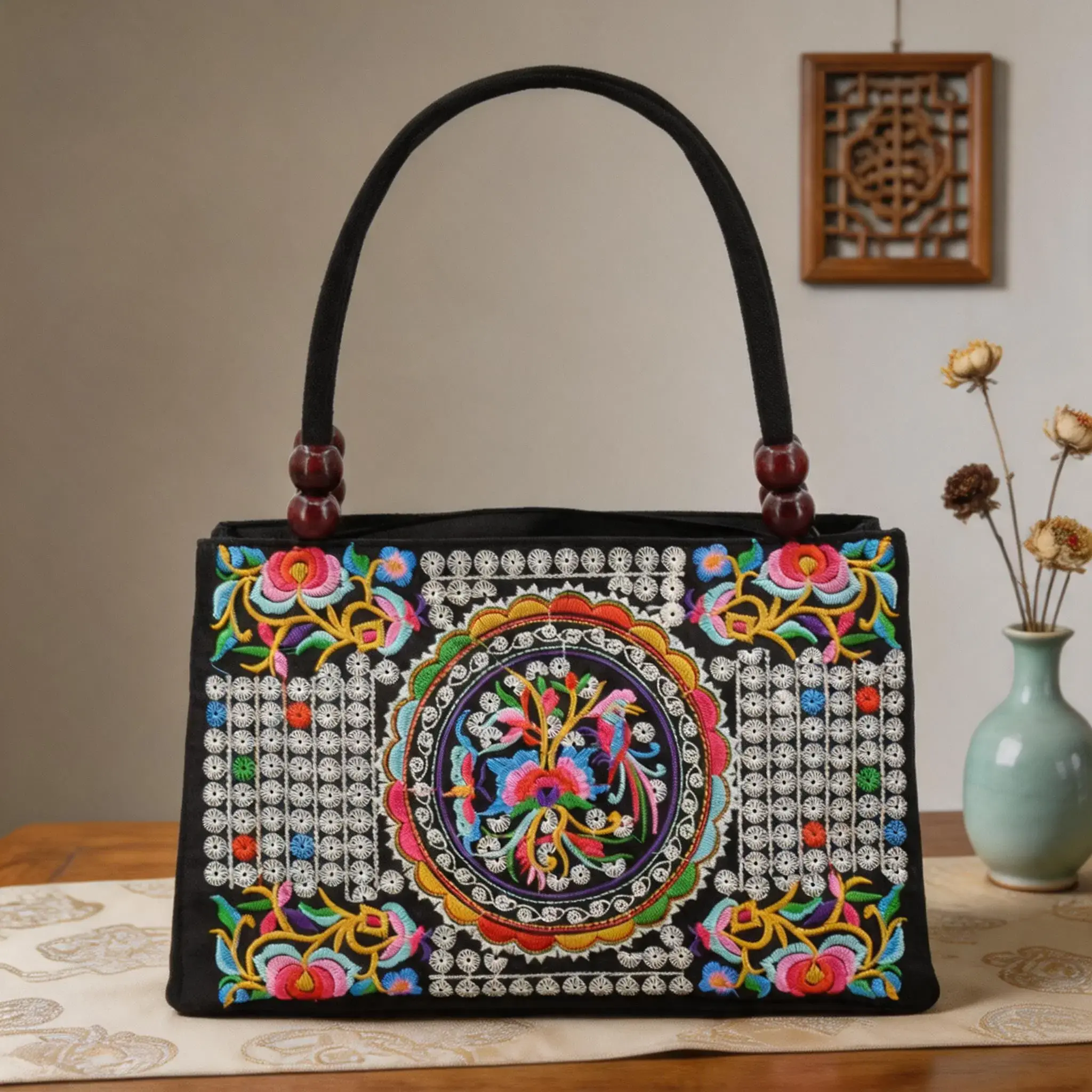 Bohemian style floral embroidery handbag, vintage double-sided embroidery tote bag, floral bead canvas bag
