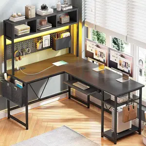SIKAIC 57.5" L Shaped Gaming Desk with LED Lights & Power Outlet, Reversible Corner Computer Desk for Home Office