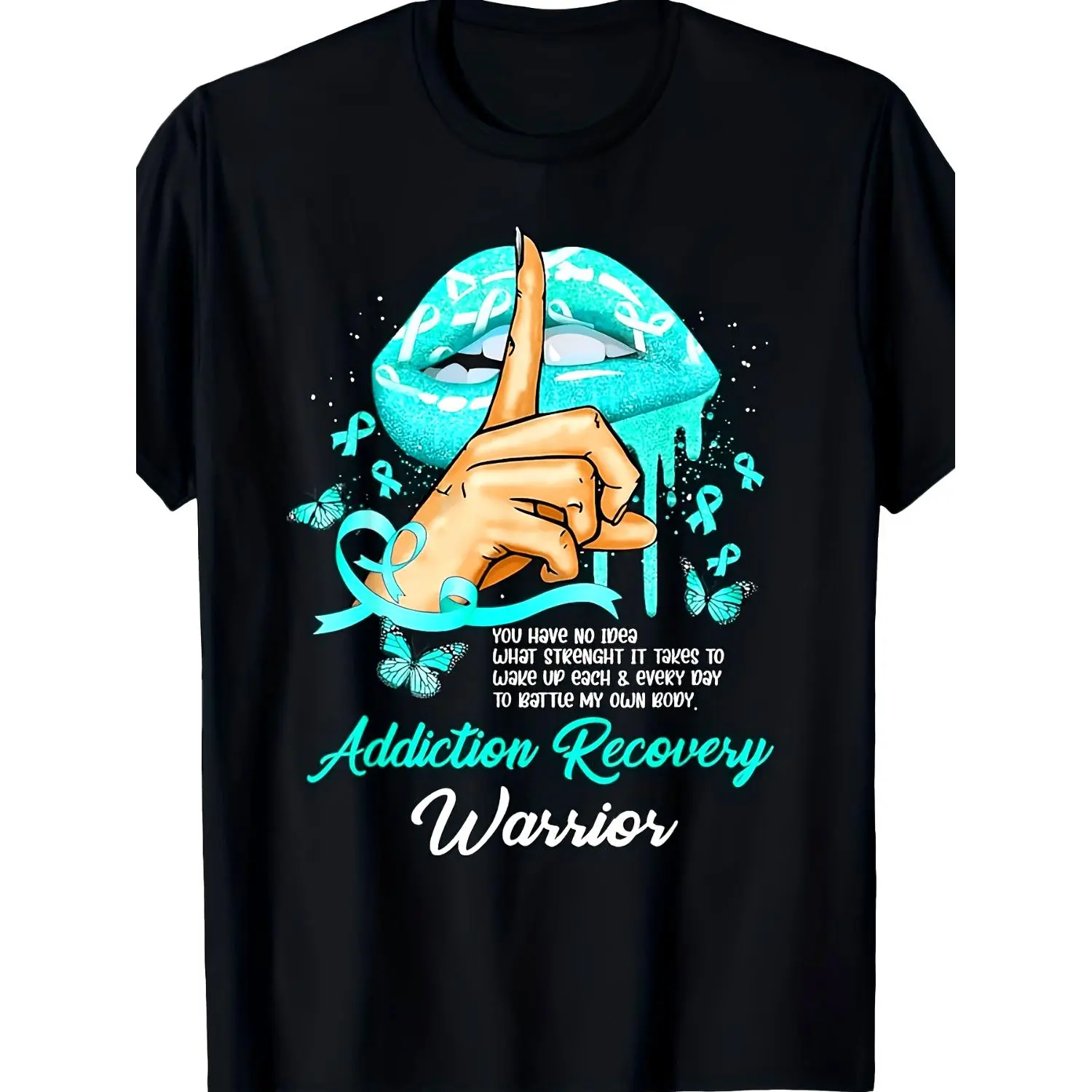 Men's 100% Cotton Short-Sleeve Breathable Soft Round Neck Recovery Warrior Graphic T-Shirt, Sobriety Gift with Teal Lips & Butterfly Print Tee, Big & Tall Everyday Menswear Top