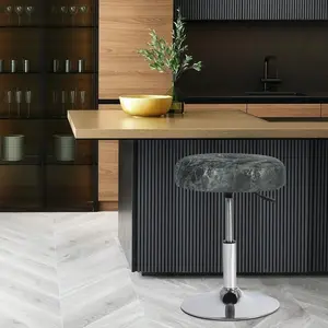 Adeco Modern Round Black Marble Vanity Stool Chair for Makeup Room, Velvet Height Adjustable 360 Swivel Foot Stools Piano Stool with Chromed Metal Base for Living Room, Bathroom