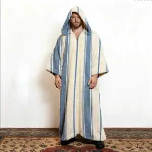 Men's Striped Print Hooded Kaftan Robe, Long Sleeve Cotton Blend Lounge Wear, Soft Breathable Hooded Bathrobe for Home & Travel Relaxation, Lightweight Loungewear, Gift for Him