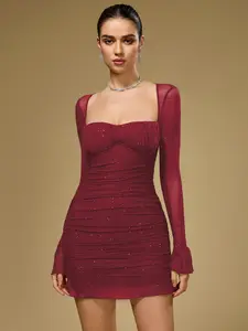Parthea Red Sequin Mesh Ruched Bodycon Dress with Long Sleeves Square Neckline & Back Tie Design for Romantic Dates & Evening Events