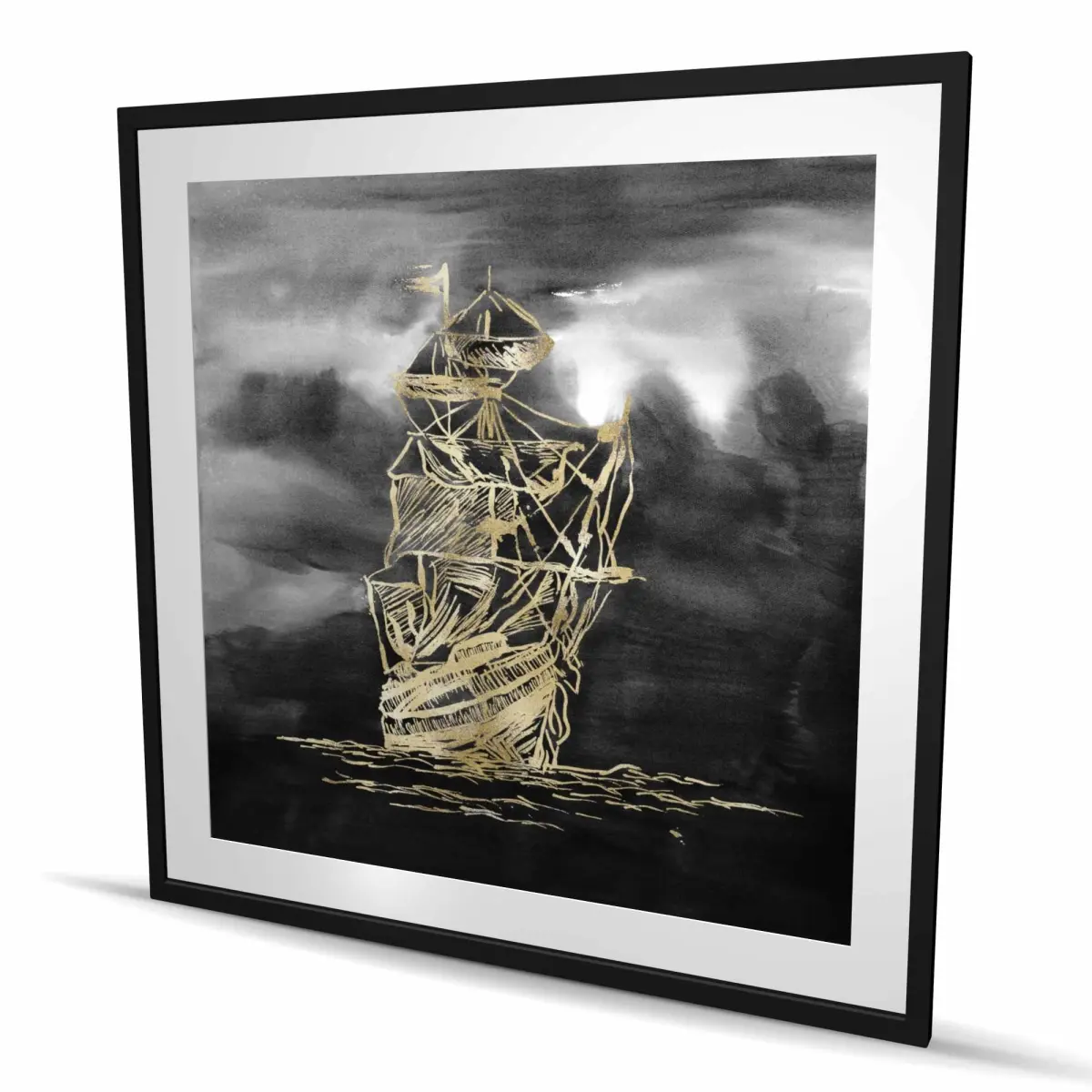 212 MAIN 48x48 in. Coastal Framed Print Wall Art - Gold Frame, Matted Finish, Artistic Sailing Ship Coastal Graphic, Illustrated - Adventure-Themed Home Decor, Ideal Gift (Framed Prints), Coastal Graphic Prints