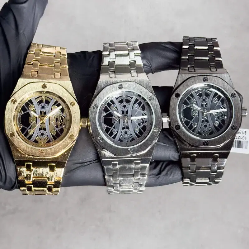 MaxBling81 Men's Luxury 40mm Casual All-Metal Quartz Watch - Waterproof Masculine Clasp Wristwatch, Octagon Bezel, Skeleton Dial, Gold/Silver/Black Options, Removable Links, All-Metal Quartz Watches, Clasp Quartz Watches