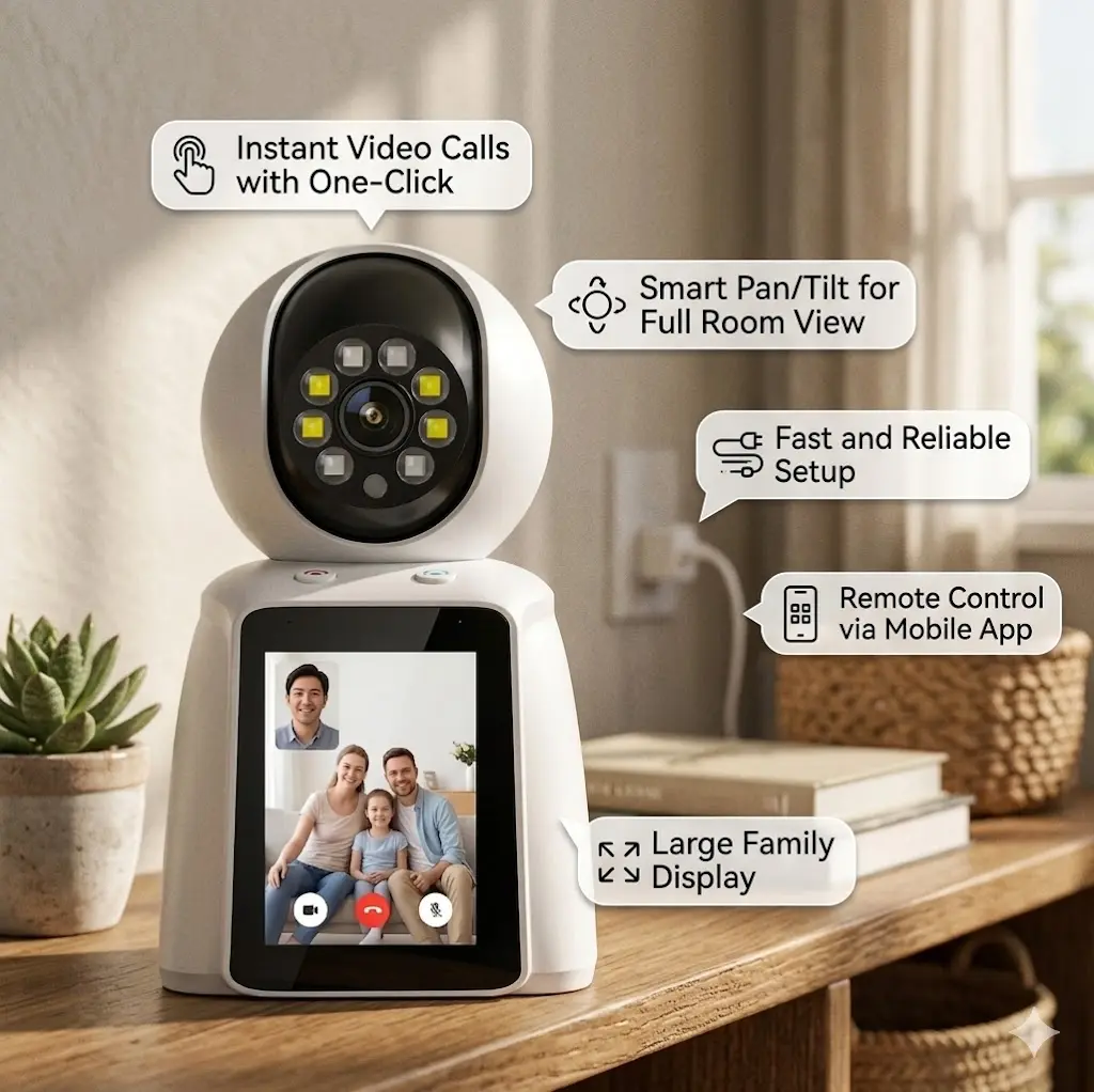 1-Click Instant Video Call Cam | 24/7 Home Security Monitor for Elderly & Kids, WiFi Smart Color Screen Surveillance, Auto Motion Alerts, Non-Stop USB Power wireless indoor camera  wireless wifi camera  security gadget, Smart Home Gadgets, Features Securi