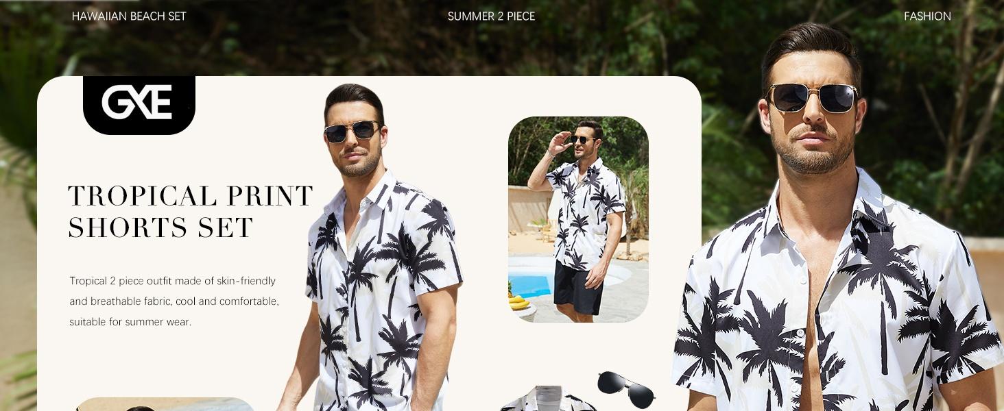 Gihuo Men's Tropical Print 2-Piece Set Short Sleeve Button Down Hawaiian Beach Shirt & Shorts Breathable Casual Summer Tracksuit Gift Clothes Menswear Elastic Loose Outfit Stylish Sunglasses Top