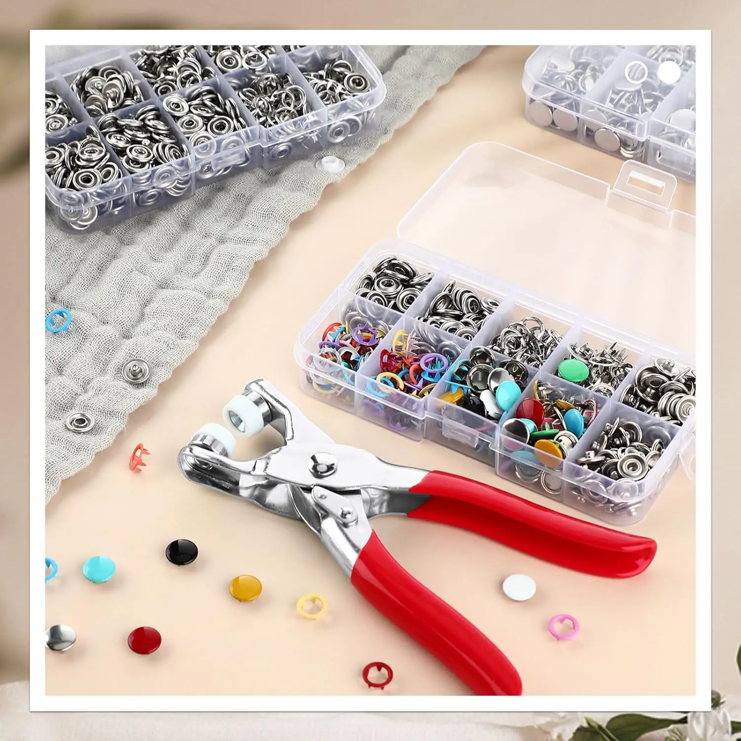 Sewing Tool Kit with Buttons, Pliers, 400pcs Invisible Colored Metal Buckles & Automatic Eyelet Puncher – Sewing Accessories and Supplies, Crafting Sewing Tools for DIY Clothing & Hat Projects