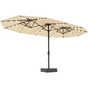 15FT Extra Large Double-Sided Rectangular Patio Umbrella with Solar LED Lights – Heavy-Duty Waterproof, Windproof Outdoor Market Shade, Crank System, Base & Sandbag, for Poolside, Garden, Backyard, Lawn