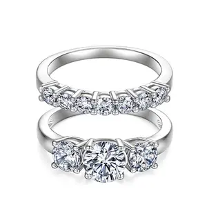 2CT Lab-Created Gems Rings Brilliant Cut D Color VVS1 Clarity 3-Stone for Women Stackable High Setting Hypoallergenic Wedding Engagement Anniversary Birthday Gift Daily Shining Fine Jewelry High Quality