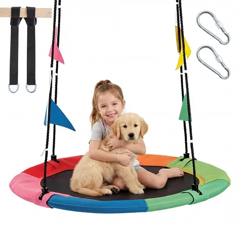 Sweetcrispy 40-inch Diameter Non-Inflatable Flying Saucer Swing Kit for 12+ Years Above Kids, 600D Oxford Fabric, 440 lbs Capacity, Adjustable Ropes, Carabiner Tree Setup, Weatherproof Durable Sports Outdoor Play Equipment, Birthday Gift
