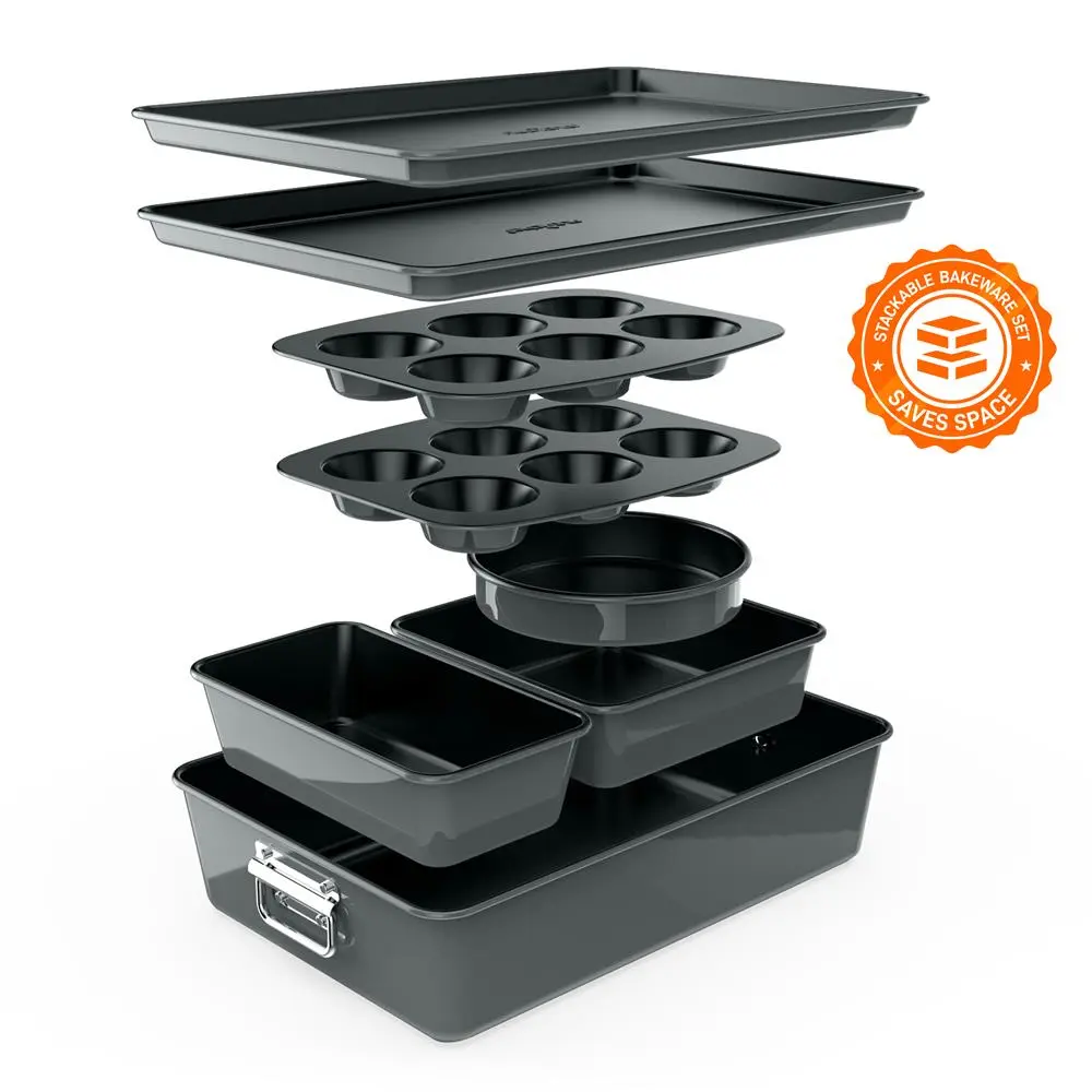 Nutrichef 8-Piece Non-Stick Baking Set - 15.4’’ x 10.2’’ x 3.5” Gray Food Grade Carbon Steel Pan, Space-Saving Stackable Wide Tray, Cookie Sheet, Muffin, Loaf, Round, Square & Deep Cake Pans, Dishwasher Safe, Ideal for Pastry Desserts & Sweet Treats
