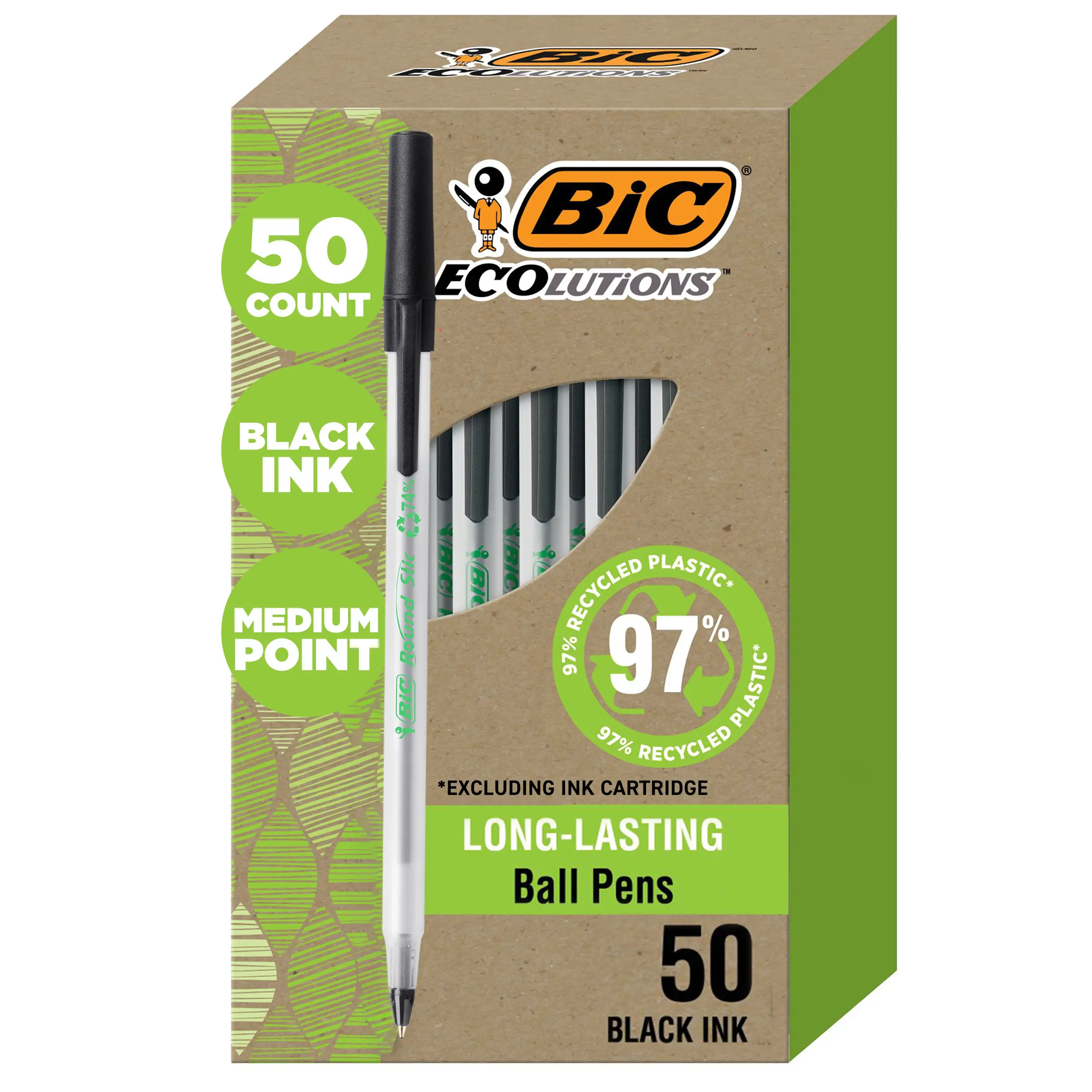 BIC Ecolutions Round Stic Ballpoint Pens, Medium Point (1.0mm), 50-Count Pack, Black Ink Pens Made from 97% Recycled Plastic