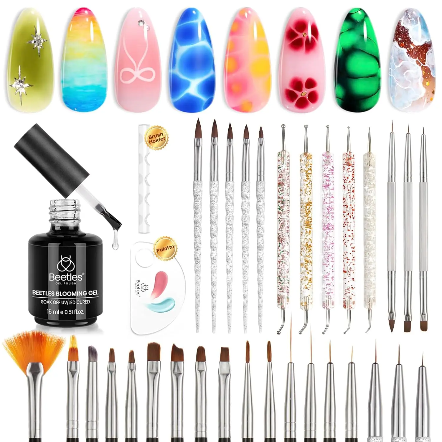 Beetles Blooming gel Manicure Set –  with Nail Brush Clear Uv Led for Spreading Effect Marble Natural Stone Watercolor Floral Print Soak off Diy Nail Art Design Manicure Gift for Women mothersdaygift Spring Nail Taste of Spring Summer Nail Vacation Nail