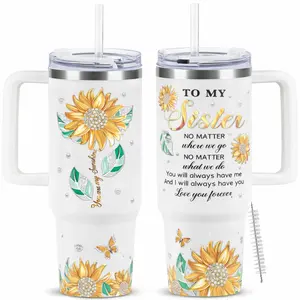 To My Sister Tumbler 40oz with Handle - Sunflower Pearl Design Birthday Gift for Sister - Inspirational Love You Forever Stainless Steel Insulated Travel Mug with Straw & Lid - Soul Sister Reusable Water Bottle Large Coffee Cup for Her