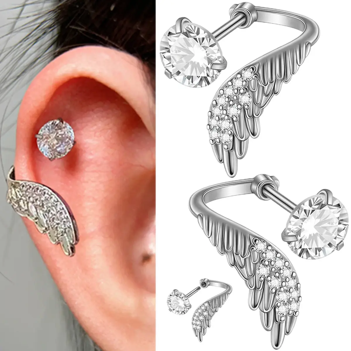 Cubic Zirconia Earrings, Unisex Angel Wing Cartilage Stud, Metal Coated Hip-Hop Piercing with Secure Screw-Back