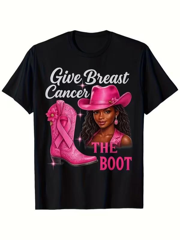 Women's Casual Short-Sleeve T-Shirt - Pink Ribbon Cowgirl Boot Design, Soft Round Neck, Breast Cancer Awareness Charity Support Western-Themed Event Top
