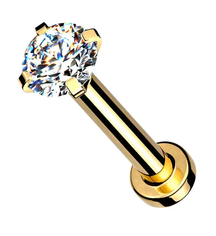 Gold PVD Internally Threaded Clear CZ Prong Mini Disc Labret