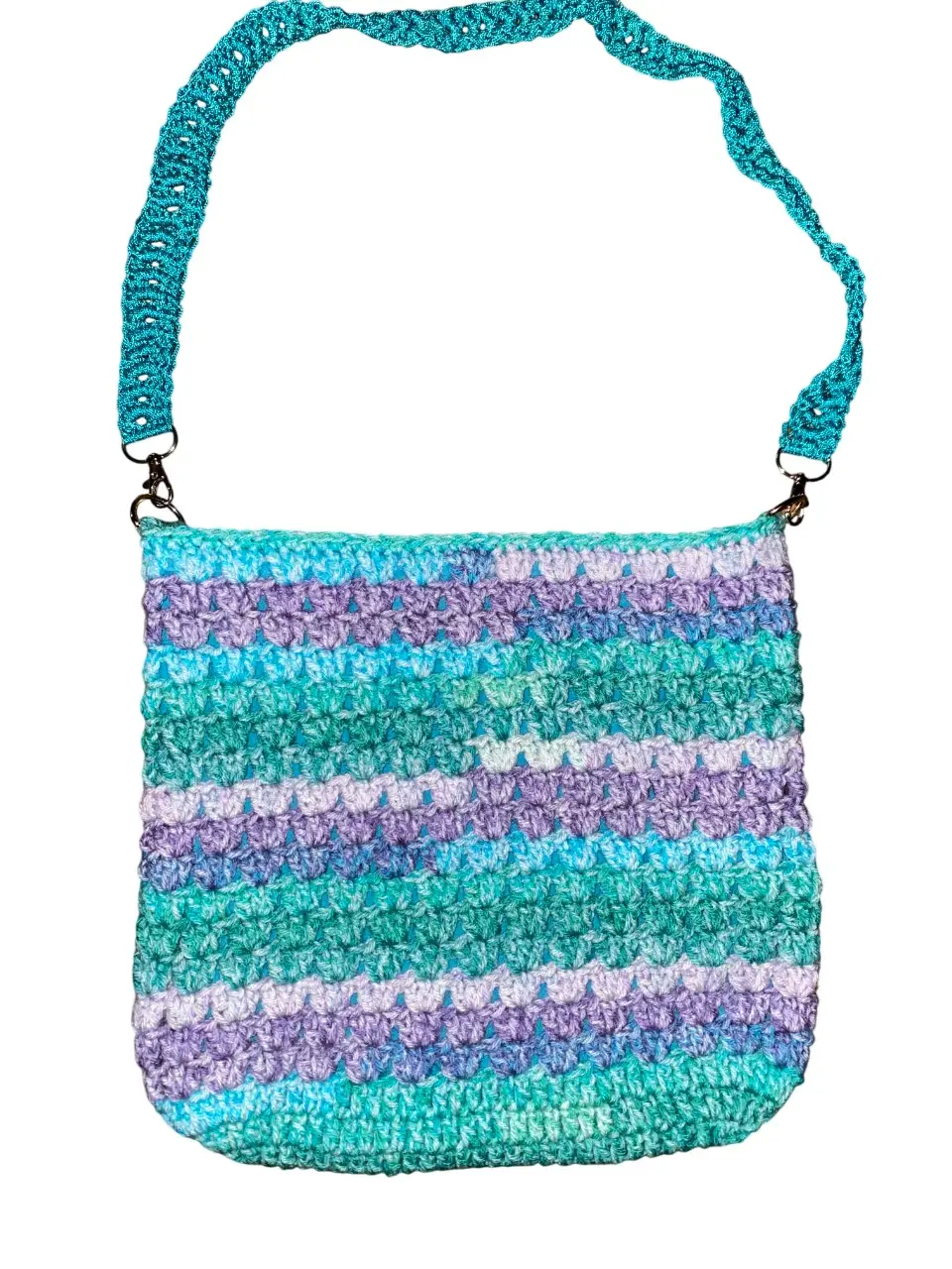 Handmade Crocheted Striped Ombre Handbag Crossbody Bag Shoulder Bag Purse - Teal Purple Blue - Mermaid Tail - Beach Vibes - Beach Bag - Teal Polyester Lining - Magnetic Closure - Crocheted Macrame Strap - Mother's Day Gift - Stylish Accessory - Gifting