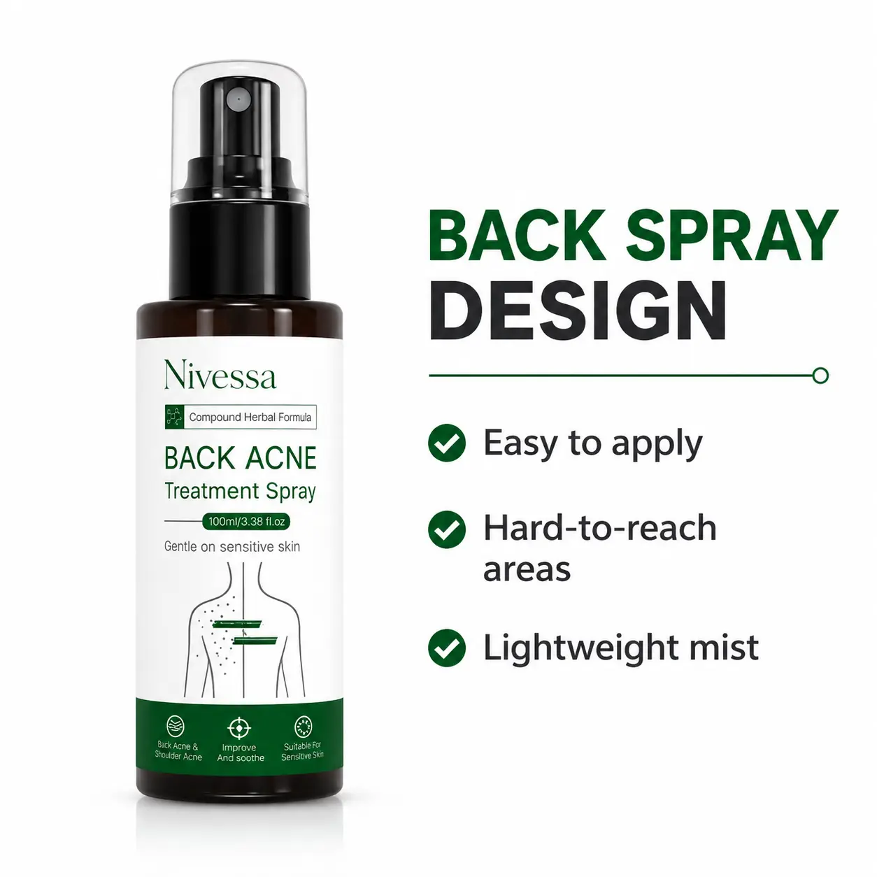 Nivessa Salicylic Acid Body Acne Spray for Back Acne, Shoulder & Chest Blemish-Prone Skin Care with Urea, Centella Asiatica & Aloe Vera Body Care Cosmetic Cosmetic
