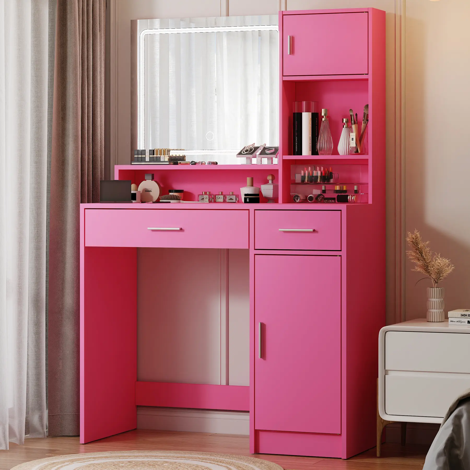 Vanity Table with LED Mirror, 3 Lighting Colors, Vanity Desk with 2 Drawers for Bedroom Use (53.9'' H x 35.4'' W x 15.7'' D)