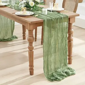 35.43x70.87inch Boho Rustic Table Runner - Polyester Gauze Tablecloth with Green & Beige Floral Design, Elegant Wedding Party Decor for Dining Table, Christmas, Beach & Country Home Decor, Centerpieces Decor Table, Best for Christmas