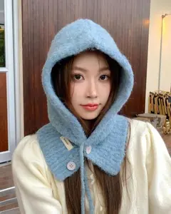 BLUE --Premium Knit Balaclava Winter Essential Ultra-Soft Plush Hood Button Accents Adjustable Ties Super Warm Lightweight Cozy One Size Fits All