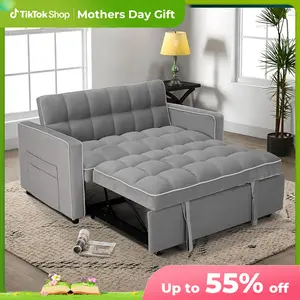 [summervibes] EBELLO Velvet Convertible Pull Out Sofa Bed, 3-in-1 Loveseat Sleeper with Adjustable Backrest, Modern Futon Couch with 2 Pockets, Small Love Seat Sofas for Living Room, Bedroom, Apartment, Off White