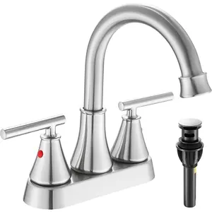 Bathroom Sink Faucet 4 Inch 2 Handle Centerset Brushed Nickel  Modern Bathroom Faucet Vanity Faucet with Pop-up Drain Stopper and  Hoses