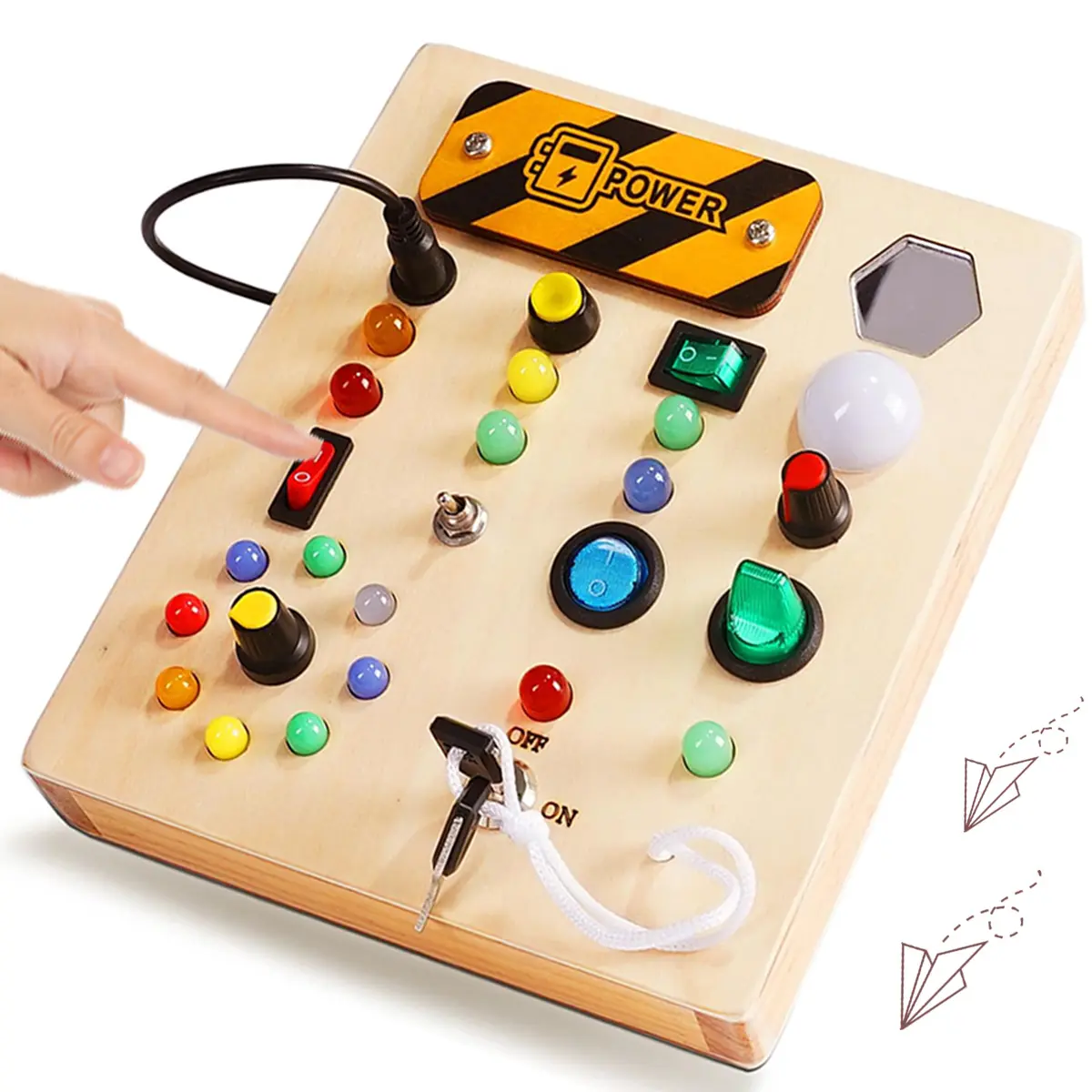 Wooden Busy Board, Multifunction LED Busy Board with Light Switch, Sensory Toy, Stress Relief Travel Toy, Educational Learning Toy, Visual Learning Tools, Suitable for Kids Aged 3+