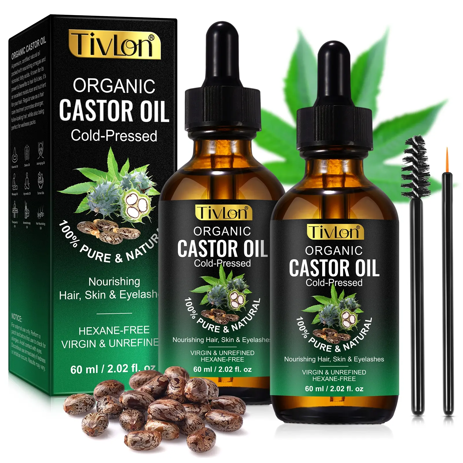 Tivlon Castor Oil Organic Cold Pressed 60ml/2 bottle, hair care oil, skin care oil, nail care oil, massage oil, Nourishing Oil, hydrating, brightening, gentle and safe, suitable for all parts of the body, daily care oil