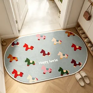 Soft Cute Wooden Horse Entrance Mat, Unique Shape Rug, Fresh Light Blue Oval Carpet, Soft Comfortable, Hand Wash Only, for Living Room Bedroom Decor