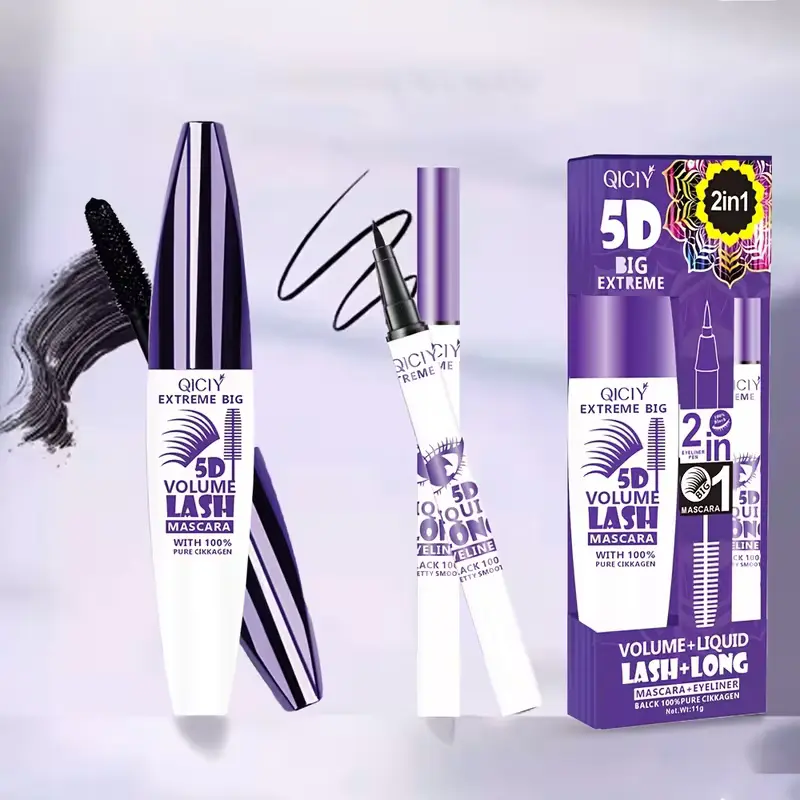 Mascara & Eyeliner Duo for Women with 5D Volumizing Triangle Brush, Lengthening & Waterproof Formula for Dramatic, Flawless Lashes - 24-Hour Wear Cosmetic, Convenient Package, Beauty Products, Dramatic Lashes, Lengthening Mascara, Brightening