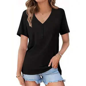 Women's short-sleeved shirts, women's fashionable and casual summer tops, solid-color V-neck Henry T-shirts, women's basic T-shirts