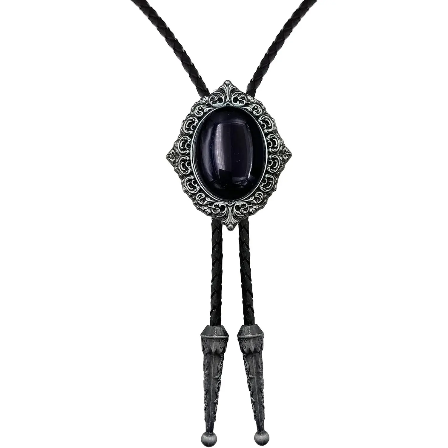 Vintage Western Bolo Tie with Black Stone, Adjustable Cowboy Neck Tie for Men on a Braided Leather Cord with Metal Tips, Tie Design