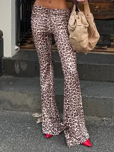 Leopard Print Low Waist Flare Pants, Vintage Millennium Style Women's Elastic Micro Flare Long Pants, Fashionable and Comfortable