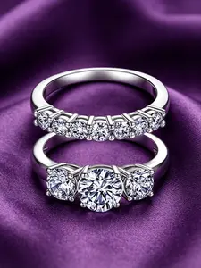 2PCS Moissanite Ring Set, 18K Gold/Silver Tone Plated, 1CT Center Moissanite Ring + 0.7CT Eternity Band with 0.5CT CZ Accents, Promise & Engagement Rings for Couples, Anniversary & Wedding Gift, Daily & Party Jewelry
