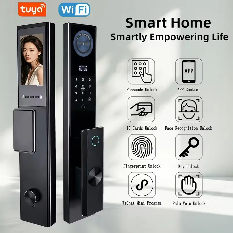 Tuya Aluminum Alloy Lockable Wireless Smart Door Lock Set - 3D Facial Recognition (Face ID), Fingerprint, Electronic Password, Automatic Video Intercom, Built-in Batteries, Durable Structure, Modern Security for Homes/Offices, Lockable Smart Door Locks